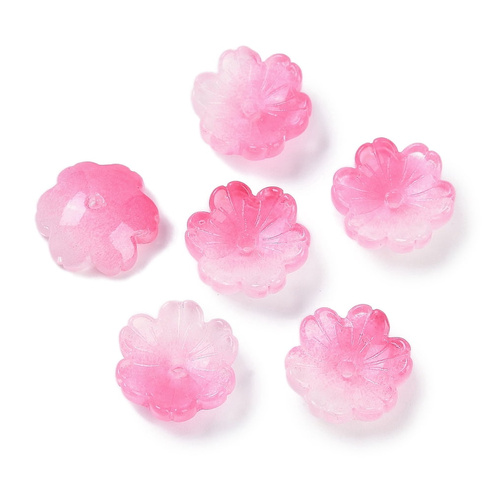 Transparent Spray Paint Glass Bead Caps Flower Hot Pink 14x14x5mm Hole: 1.5mm