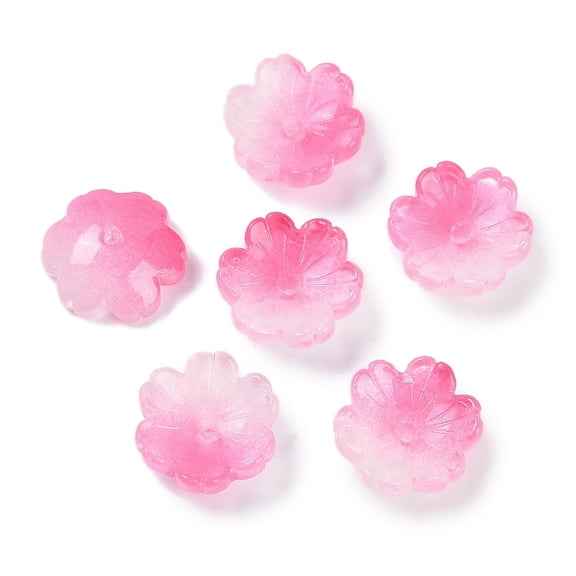 Transparent Spray Paint Glass Bead Caps Flower Hot Pink 14x14x5mm Hole: 1.5mm