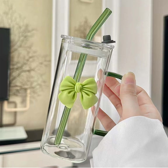 Transparent Square Glass Cup with Knot Handle, High-Temperature Resistant for Hot & Cold Beverages, Includes Glass Straw & Lid, Dishwasher Safe for Home & Party Use