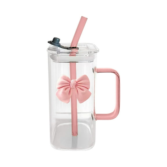 Transparent Square Glass Cup with Knot Handle and Straw for Coffee and Milk 400Ml