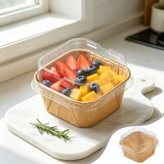 Transparent Square Paper Cup Cake Container with Clear Lid - Takeout Box for Fruit Cakes Desserts Bakery Packaging, Disposable Food Storage for Home Retail Bento Box with Visual Presentation