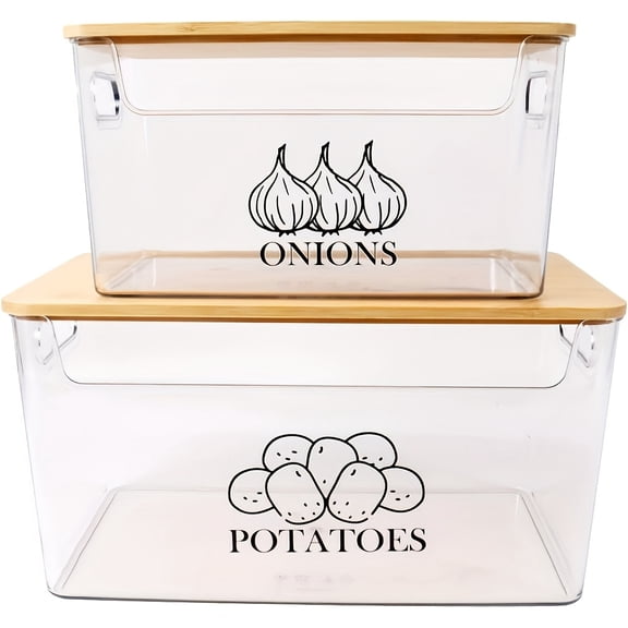 Transparent Stackable POTATO Onion Container with Bamboo Flip Lid for Pantry Kitchen Counter Refrigerator Storage