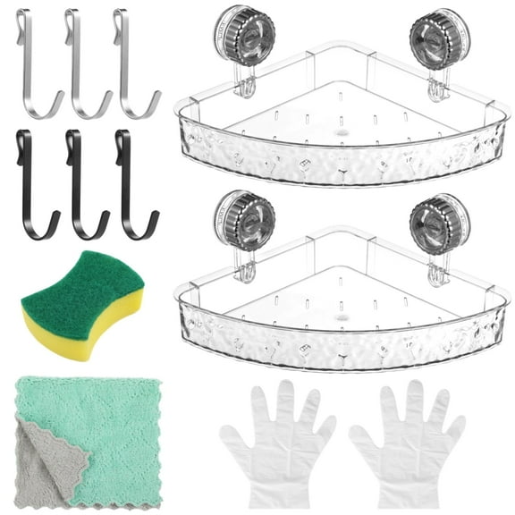 Transparent Suction Cup Storage Rack, 2 Pcs Corrugated Suction Cup Storage Holder, No Drilling, Adjustable Bathroom Kitchen Storage with Hooks, Glove, Cleaning Sponge, Cloth