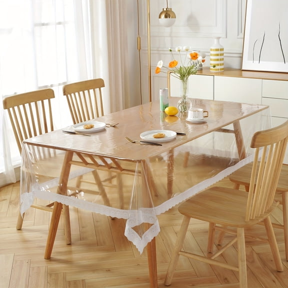 Transparent Tablecloth Protector 60x60in, PVC Plastic Table Cover with White Lace Pattern, Waterproof, Oil-Proof, Easy to Clean, Dining Table Protector for Family Gatherings, Kitchen Tables, Home Use