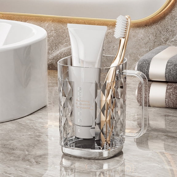 Transparent Toothbrush Cup with Handle, Staron High Value Couple Wash Cup 450ml Capacity, Portable Mouthwash Cup for Bathroom Sink Countertop with Metal Base, White