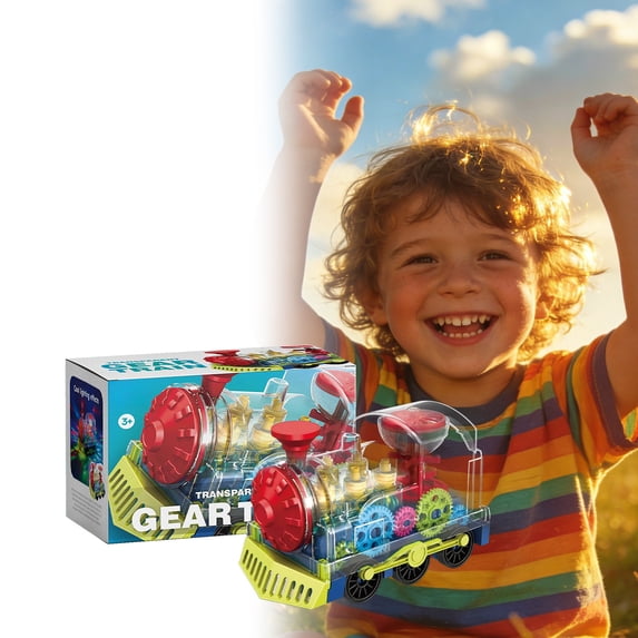 Transparent Toy Car for Toddlers, Battery Operated Small Train, Mechanical Moving Gears, Musical and Light Up, Educational Interactive Toddler Toy, Keeps Kids Active and Engaged muticolor
