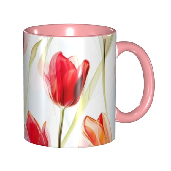 Transparent Tulipa Red Coffee Mug Fun Custom Ceramic Mugs 11oz Pink