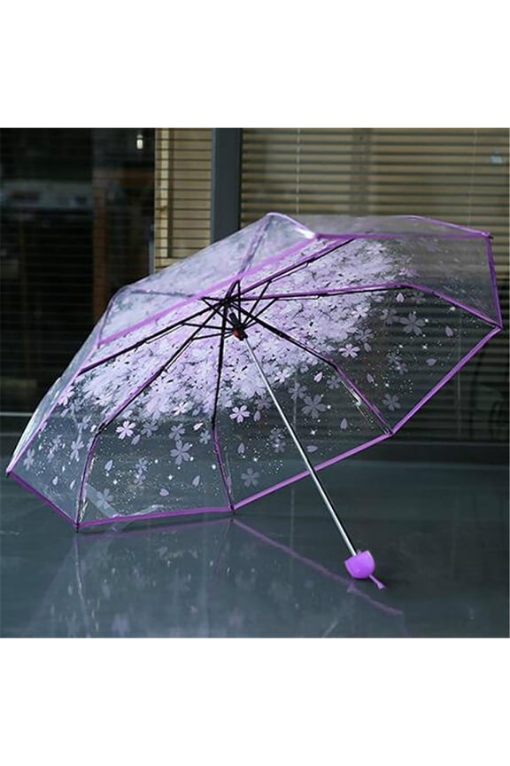 Transparent Umbrella, Xinsrenus 3 Fold Clear Umbrella, Portable Compact Travel Umbrella Sun Rain Protection, Purple