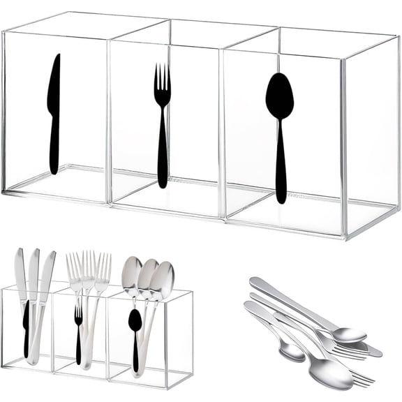 Transparent Utensil Holder for Kitchen Counter, Plastic Silverware Organizer Pen Holder for Desk, 3 Compartments Flatware Caddy for Knife Spoon Fork