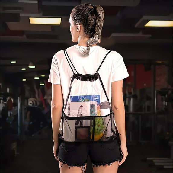 Waterproof Transparent Drawstring Backpack | EVA Plastic Clear Beach Gym Sports Bag | Large Capacity 18.9x15.7in | Mesh Pockets | Versatile Storage for Travel, Laundry, Accessories | 1 Pack
