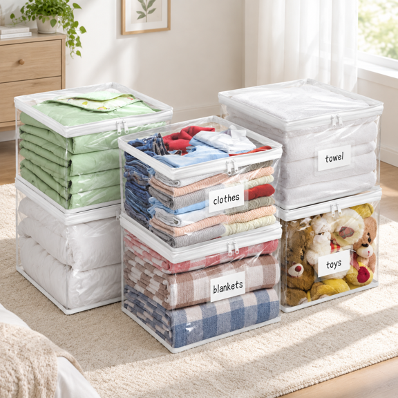 Transparent White 12 x 12 x 12 Inch - 6 Pack Plastic Storage Bags With Easy-Glide Zipper