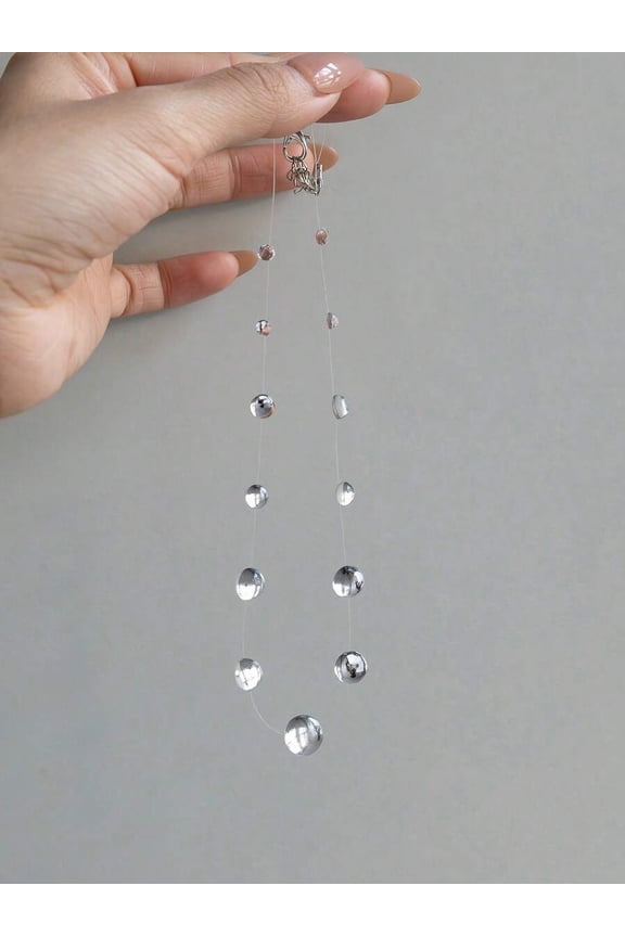 Transparent White Floating Water Drop Beaded Collarbone Necklace With Invisible Thread Minimalist Design