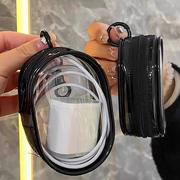 Transparent Winding Storage Bag for Earphones, Data Cables, Charger, Portable Travel Organizer with Keychain, Small Oval Pouch for Phone Accessories