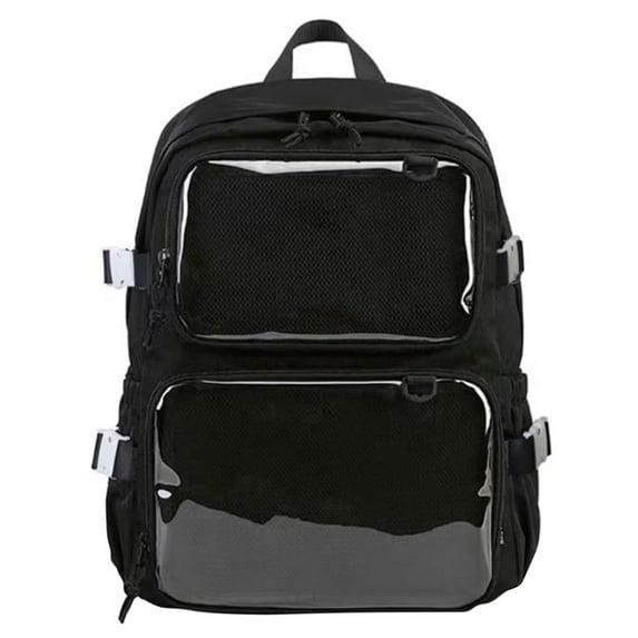 Transparent Window Backpack, Black Kawaii Pin Display Backpack, Large Capacity Transparent Window Backpack, Kawaii Aesthetic, Sturdy Bookbag for Daily Use