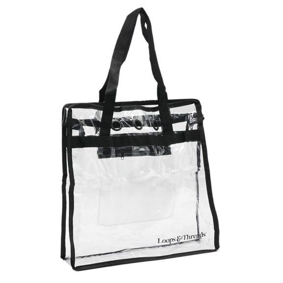 Loops & Threads Transparent Yarn Project Bag - Clear Storage Tote with Zipper Pocket & Yarn Feed Loops for Knitting & Crochet Projects, Durable PVC & Nylon, 15" x 15" x 4", 6 Pack