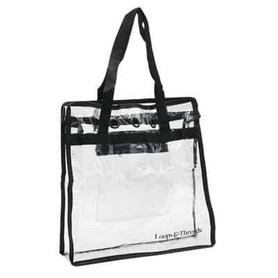 Transparent Yarn Project Bag by Loops & Threads – Clear Storage Tote with Zipper Pocket & Yarn Feed Loops for Knitting & Crochet Projects - Durable PVC & Nylon - 15" x 15" x 4" - 6 Pack