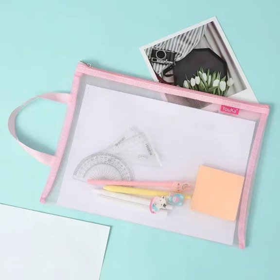 Transparent Zip File Folders A4 Sizes, Mesh Zipper Pouch Document Bag for Office and School Storage