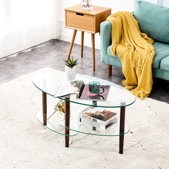 Transparent and Safe - Tempered Glass Coffee Table with Oak Wood Legs for Home Decor