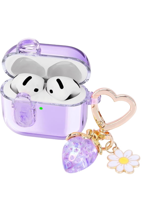 Transparent protective case with safety lock, compatible with AirPods 3 protective case. Girl's keychain with strawberry color (purple)