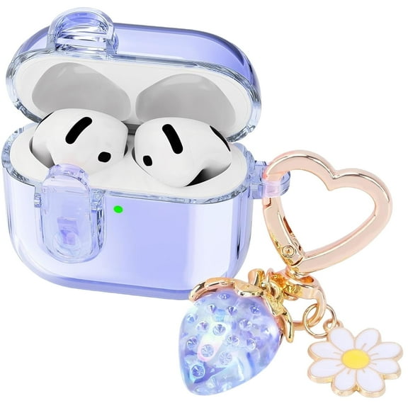 Transparent protective case with safety lock, compatible with AirPods 3 protective case. Strawberry colored girl keychain (blue)