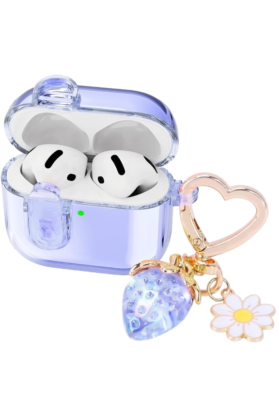 Transparent protective case with safety lock, compatible with AirPods 3 protective case. Strawberry colored girl keychain (blue)