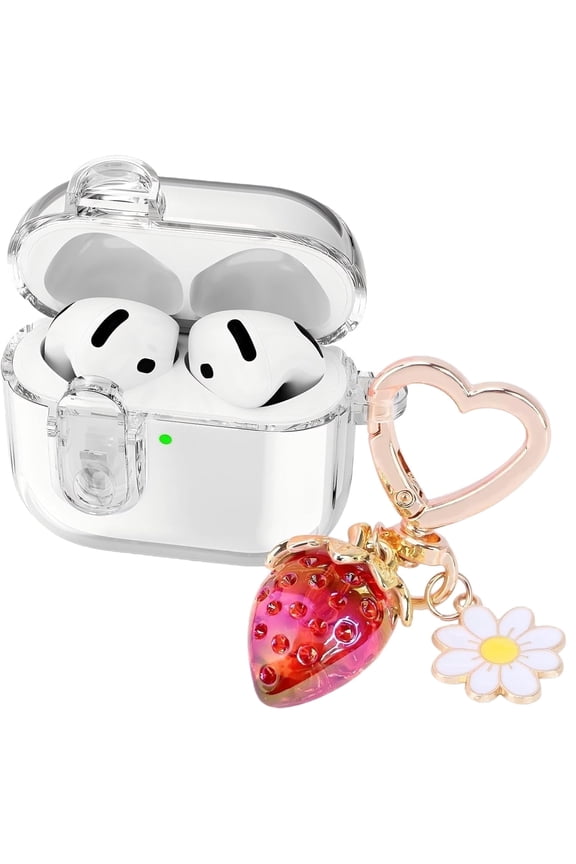 Transparent protective case with safety lock, compatible with AirPods 3 protective case. Strawberry colored girl keychain (white)