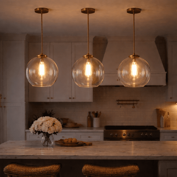 Transparent spherical glass single lamp pendant light, main material satin brass, suitable for dining room island/living room--Y