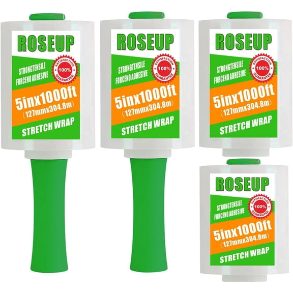 Transparent stretch wrap film 5 inches 1000 feet with handle, 80 gauge thickness adhesive plastic film for moving, pallet packaging, self-adhesive packaging heavy duty shrink film, 4-pack