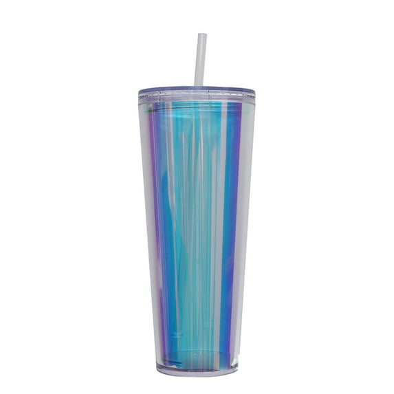 750ml double-layer plastic cold water cup, beverage cup, transparent laser straw water cup with lid