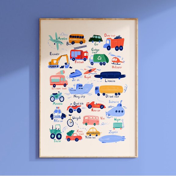 Transport Alphabet Educational Bright Vehicles Wall Picture, Unframed Canvas 12x16in