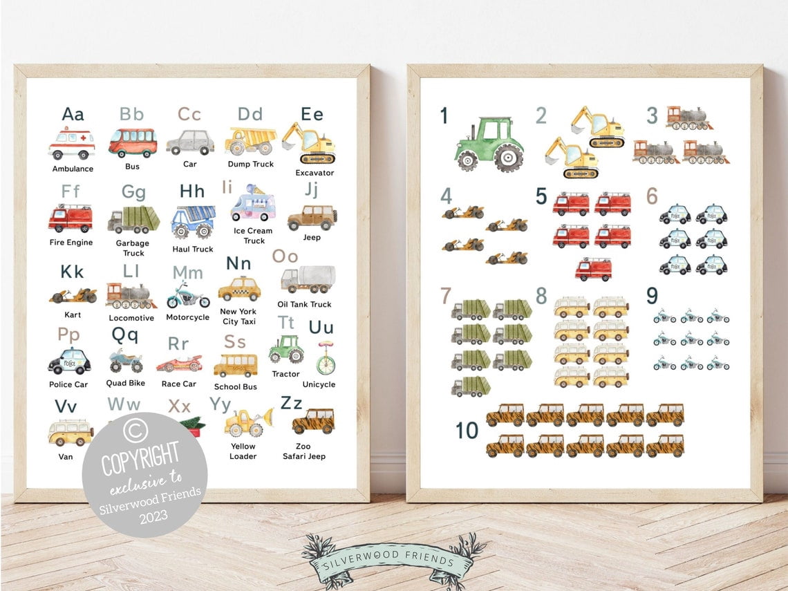 Transport Alphabet Numbers Wall Art Set Print With Vehicles And Boys ...