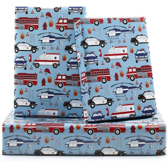 Transport Birthday Wrapping Paper, 7 Sheets Police Car Ambulance FireTruck and Helicopter On Off-blue Emergency City Rescue Vehicle Wrapping Paper, 20x28 inches Per Sheet for Birthday, Baby Shower