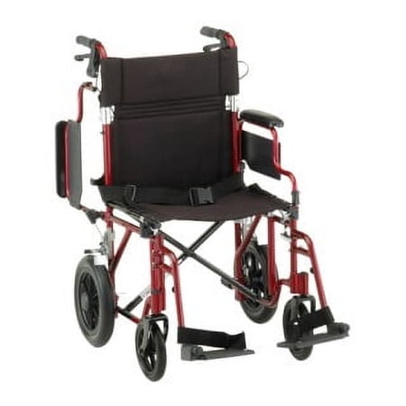 Transport Chair 19" Seat Width Lightweight Aluminum with Hand Brakes, Swingaway Footrests and Detachable Desk Arms Wt Cap 300 lb (Red)