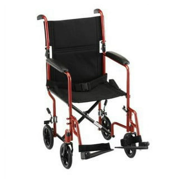Transport Chair 19" Seat Width Sturdy Carbon Steel with Swingaway Footrests Wt Cap 300 lb (Red)