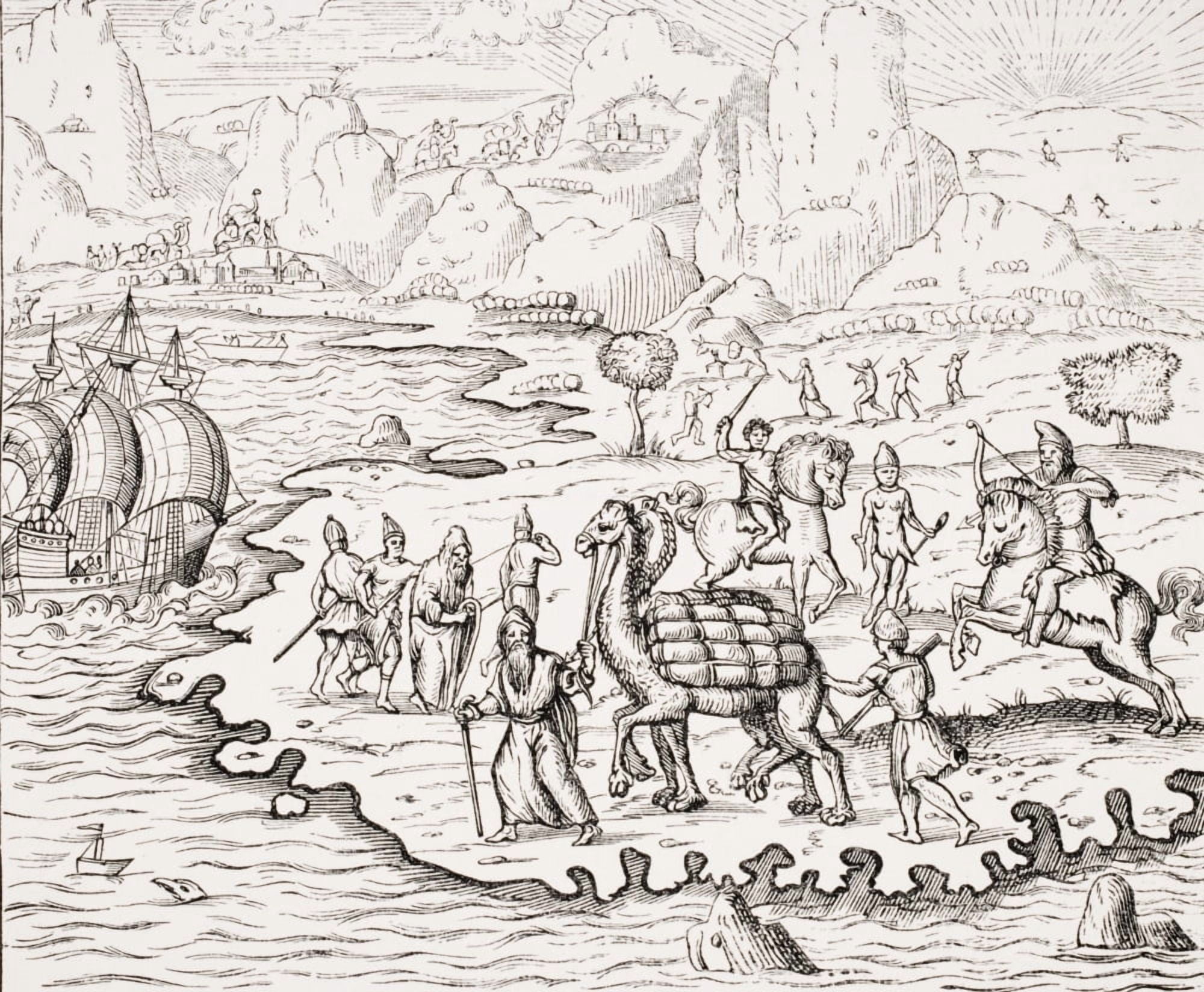 Transport Of Merchandise On The Backs Of Camels 19Th Century Reproduction Of Woodcut In La Cosmographie Universelle By Thevet Edition Of 1575 Canvas Art - Ken Welsh  Design Pics (15 x 13)