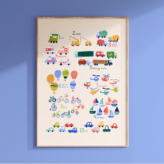 Transport Numbers Children's Nursery Educational Bright Wall Decor, Unframed Canvas 8x10in