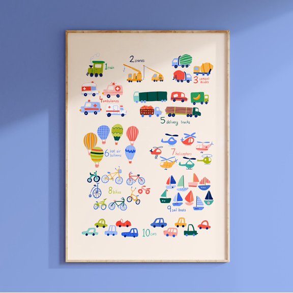 Transport Numbers Print for Children's Nursery. Educational Wall Art with Bright Watercolor Vehicles Poster , Poster Print Only