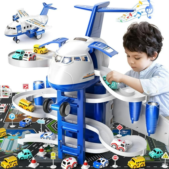 Transport Plane Adventure Car Toys for Toddler Age 2-6 with 8 City Cars - Kids Airplane Toys Race Track Car Toys for 3 4 5 6 7 Boys , Garage Parking Lot Playmat, Birthday Gift for Girls