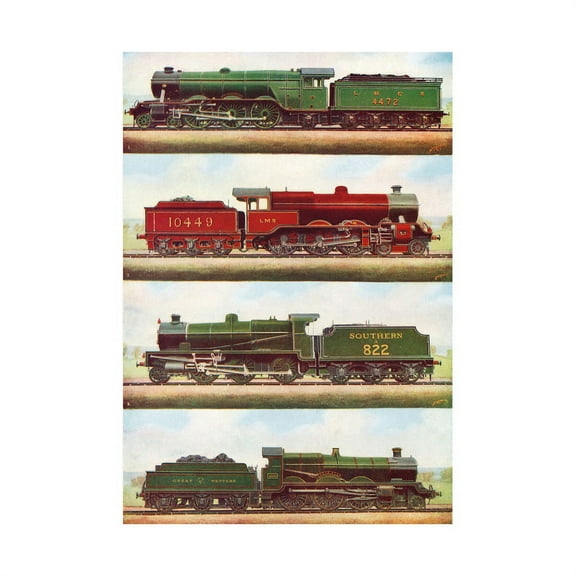 Transport Red Green Four Train Engine Locomotives Vintage Illustration Unframed Art Print Poster Wall Decor 12x16 inch