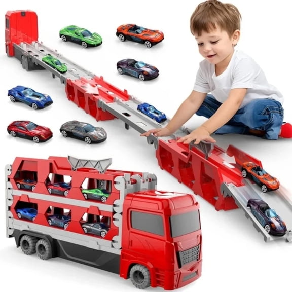 Transport Truck Vehicle Playset by Funtogether Toys, Includes 6 Metal Cars & 61-inch Dual Race Track, Toy for Kids Ages 3+, Red