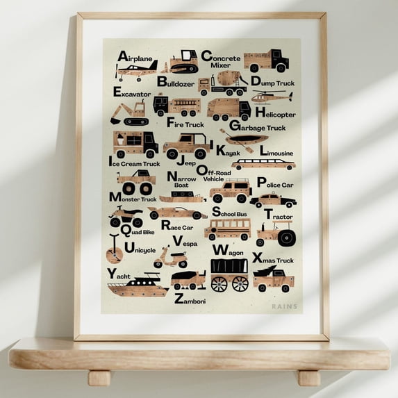 Transportation Alphabet Poster Vehicles Nursery Wall Decor, Unframed Paper Poster 16x20in