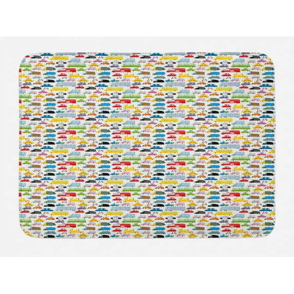 Transportation Bath Mat, Colorful Repetitive Waste Vehicles Pattern in Various Shapes and Colors, Plush Bathroom Decor Mat with Non Slip Backing, 29.5" X 17.5", Multicolor, by Ambesonne