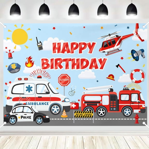 Transportation Birthday Backdrop for Kids Planes Ambulance Fire Engine Police Car Transportation Birthday Party Decorations Background Banner Birthday Backdrop 5x3FT
