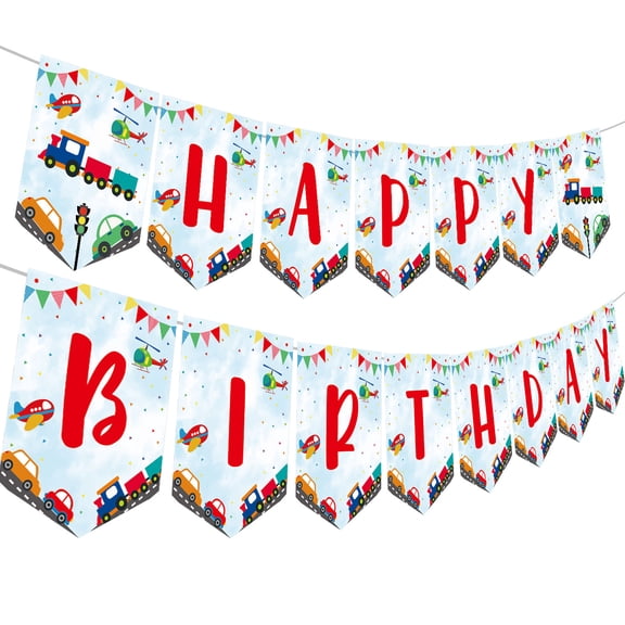 Transportation Birthday Banner for Boys, Red Transport Happy Birthday Paper Bunting Hanging Banner with Car Train Plane Helicopter Traffic Light Design for Kids Vehicles Birthday Party Decorations