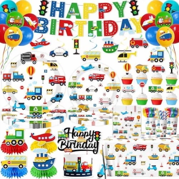 Transportation Birthday Decorations, All-in-1 Cars Birthday Decorations with Balloons Vehicle Plates Napkins Cups Cake Toppers Honeycombs Tablecloth and Banner for Boy Truck Themed Party, Serve 24
