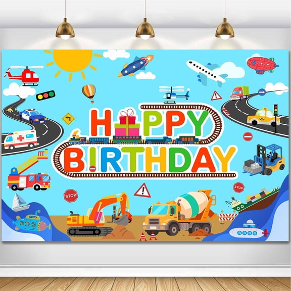 Transportation Birthday Party Backdrop Traffic Theme Photography Background Cartoon Train Planes Car Engineering Vehicle Decor Banner for Boys Photo Studio Props