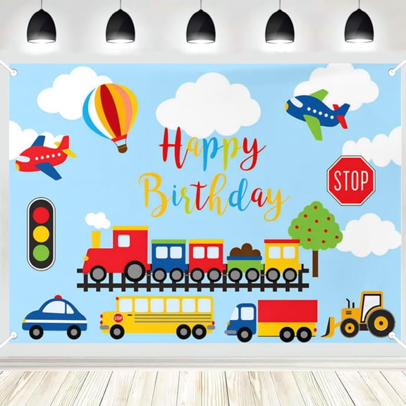 Transportation Boy Happy Birthday Backdrop Cartoon Blue Sky Clouds Trailer Train Car Bus Truck Hot Air Balloon Theme Party Table Decoration Banner Kids Photography Background Birthday Backdrop 5x3FT
