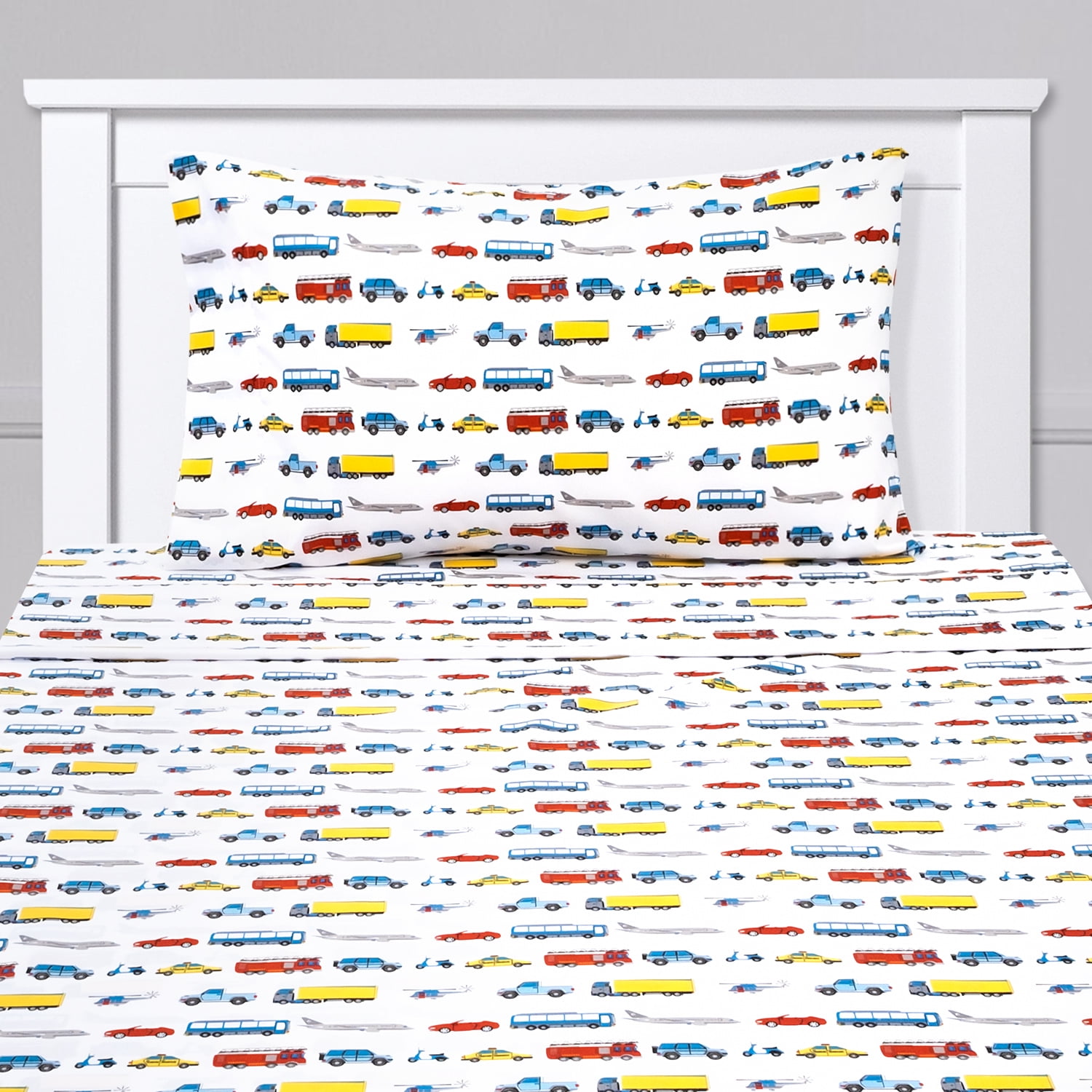 Blue Transportation Print Microfiber Twin Kids Sheet Set