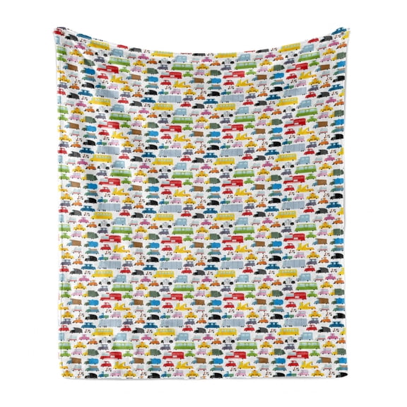 Transportation Soft Flannel Fleece Throw Blanket, Colorful Repetitive Waste Vehicles Pattern in Various Shapes and Colors, Cozy Plush for Indoor and Outdoor Use, 50" x 70", Multicolor, by Ambesonne