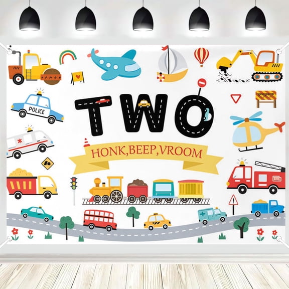 Transportation Theme 2nd Birthday Backdrop Car Train Plane Sailboat Background Cartoon Cute Vehicle Traffic Party Decorations Banner Photo Booth Props Supplies Birthday Backdrop 5x3FT